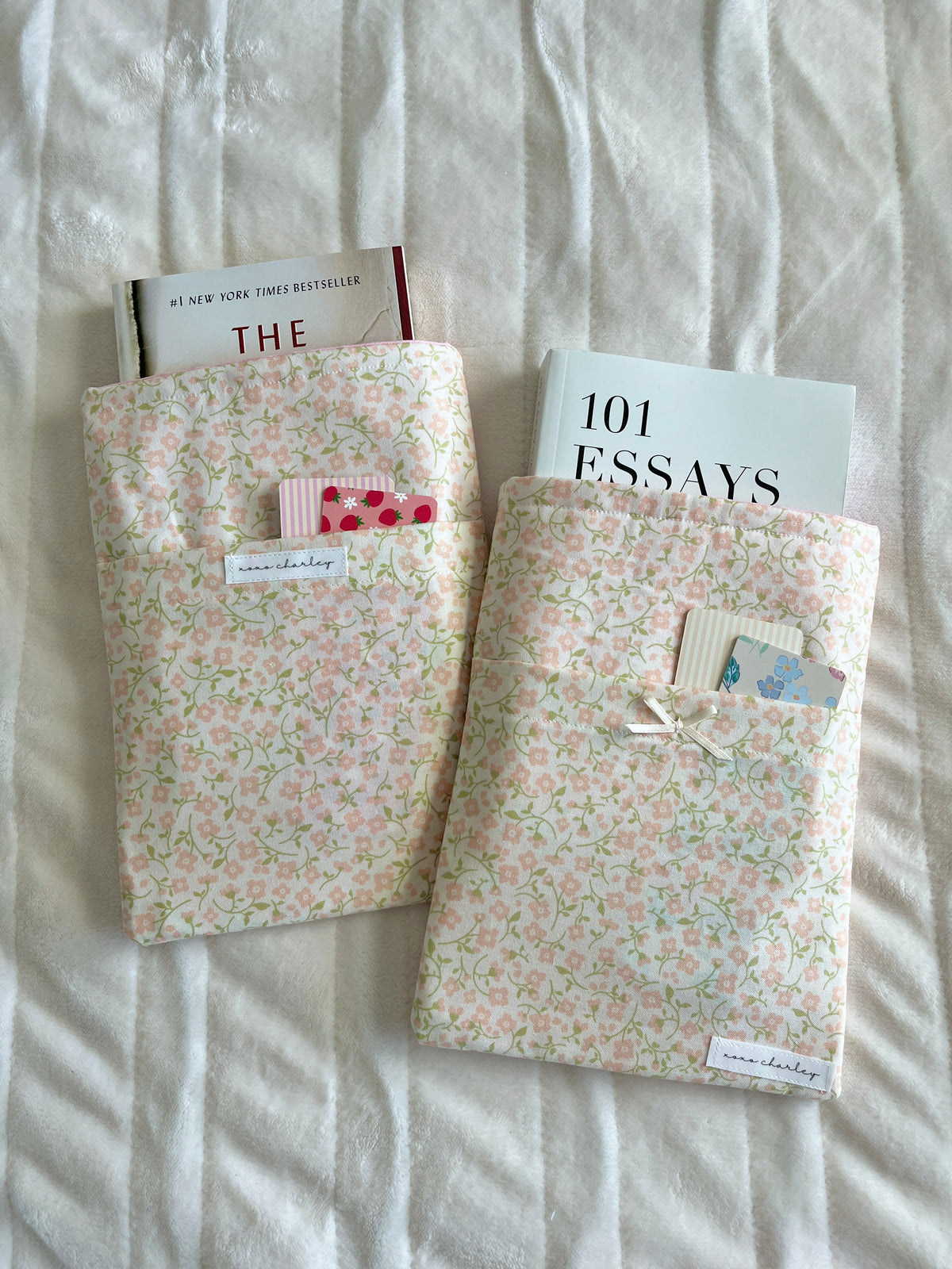Floral medium book sleeve with pink side lining and hanging ties, no bow shown