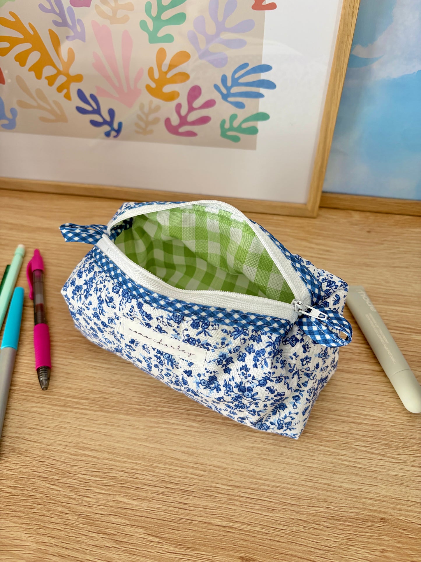 The Royal Blue Floral Colorblock Bag - Blue/Green Gingham