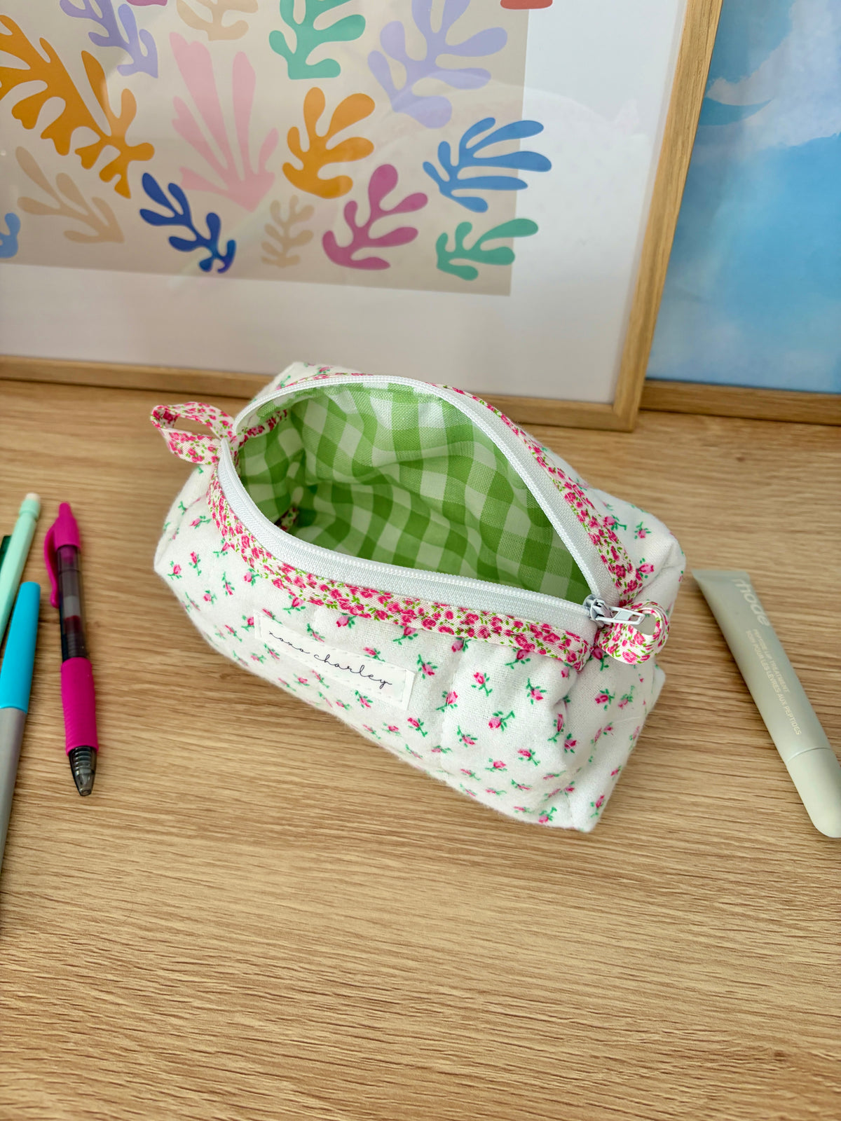 Mini rose print zip pouch bag with green gingham lining and bow tie detail