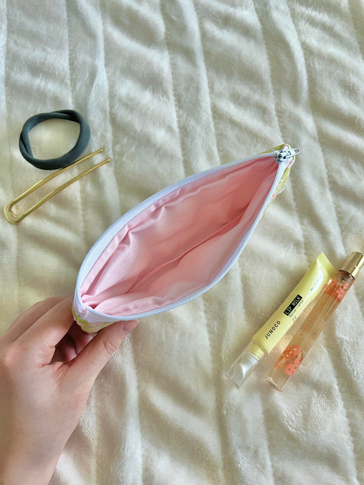 Peony pencil and glasses case, half-open zip pouch with pink interior and pen