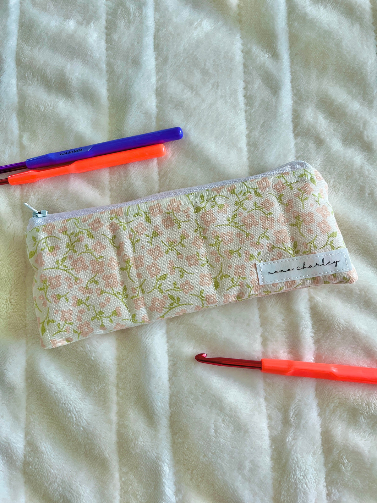 Floral zip pencil and glasses case pouch, closed with metal zipper