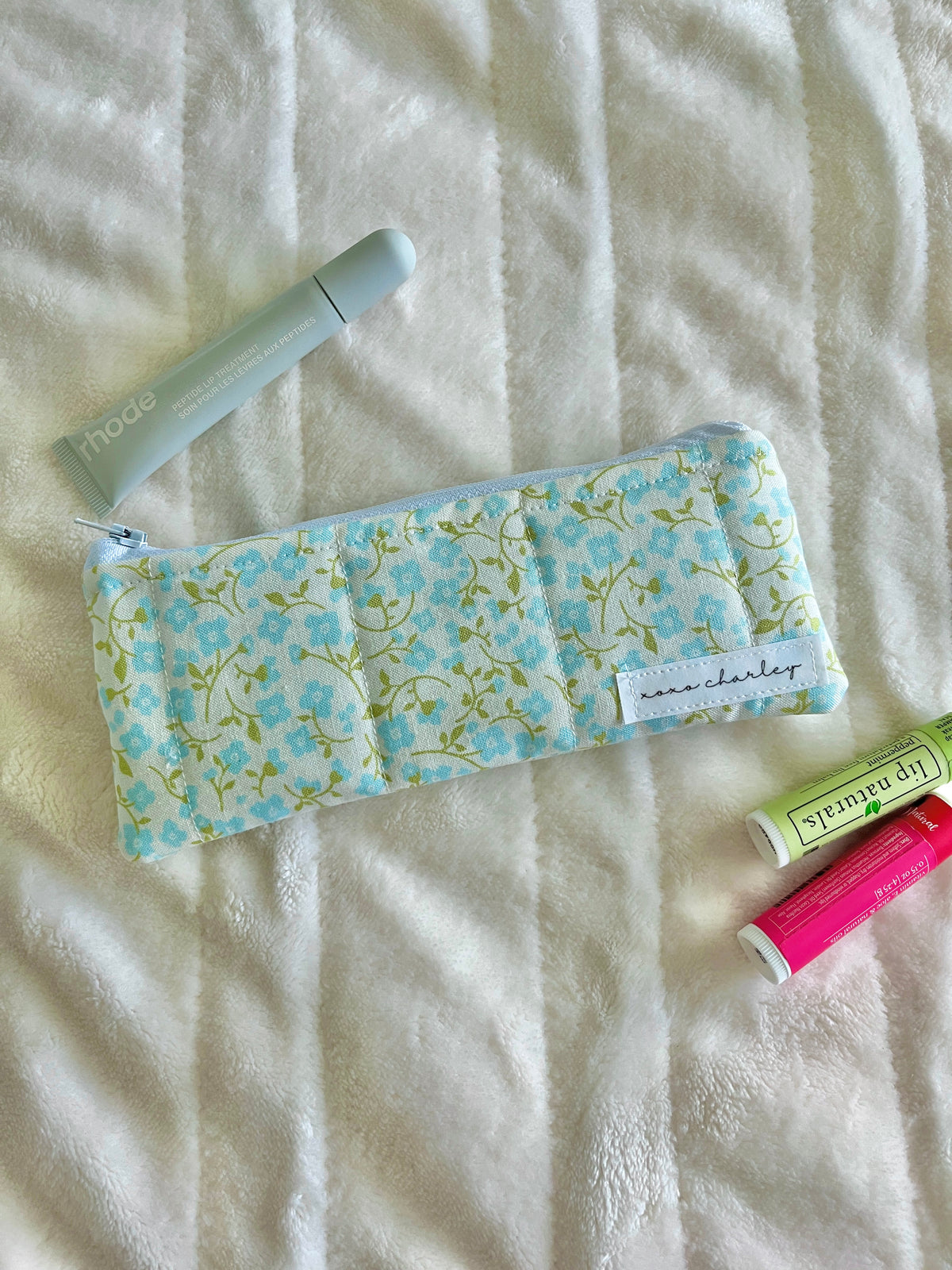 Floral pencil and glasses case pouch with blue zipper, light yellow/green fabric
