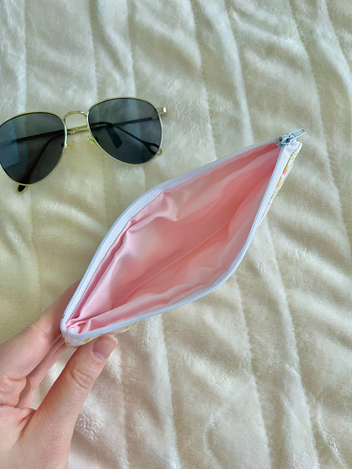 Pencil and glasses case pouch open, pink lining and silver zipper
