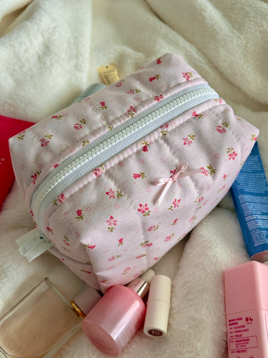 Strawberry Matcha Medium Makeup Bag with Light Pink Bow *limited-edition*