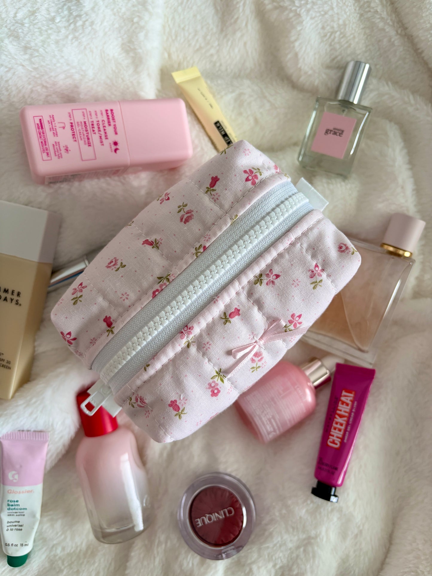 Strawberry Matcha Mini Makeup Bag with Light Pink Bow *limited-edition*