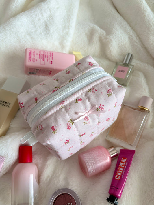 Strawberry Matcha Mini Makeup Bag with Light Pink Bow *limited-edition*