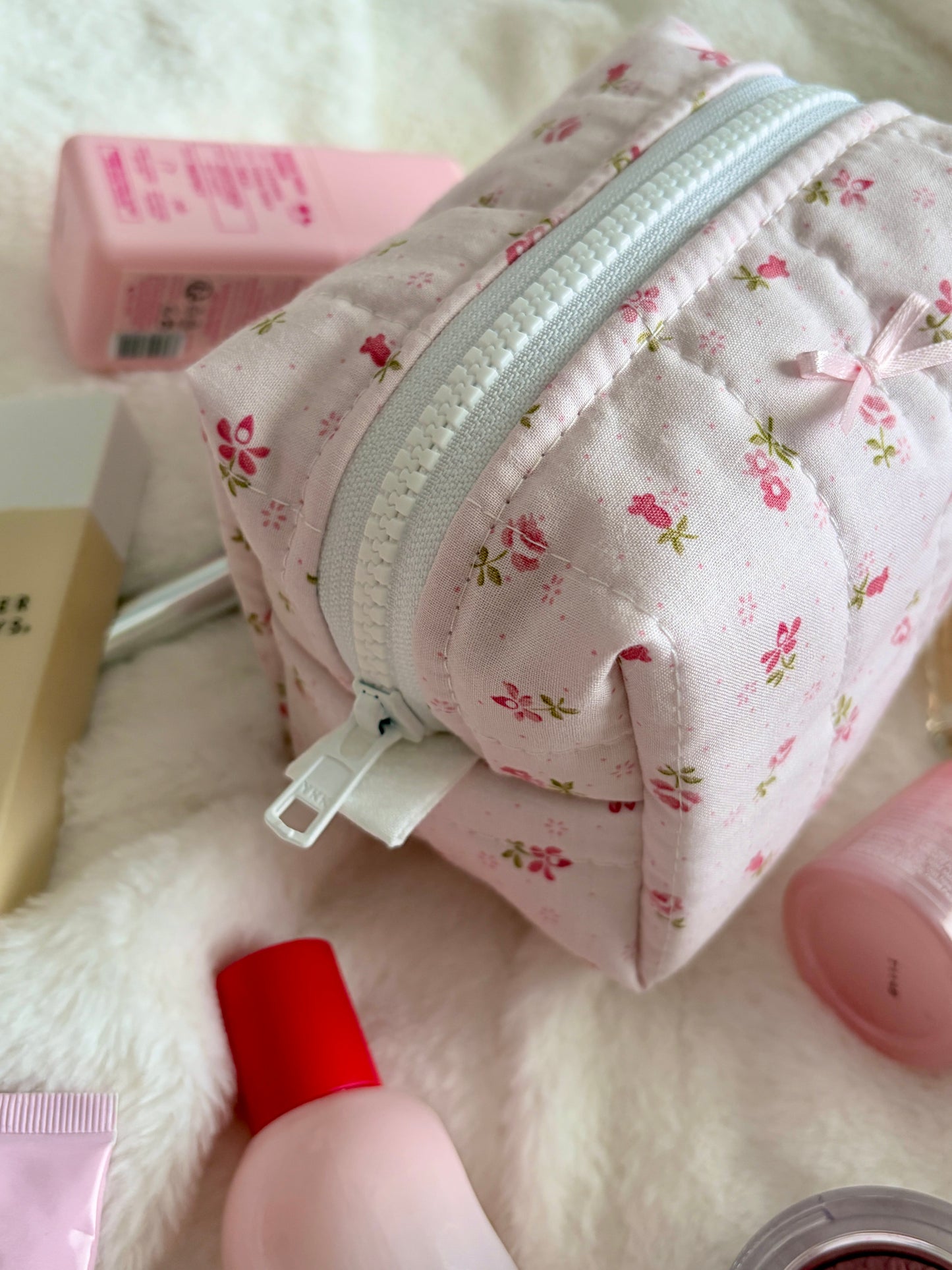 Strawberry Matcha Mini Makeup Bag with Light Pink Bow *limited-edition*