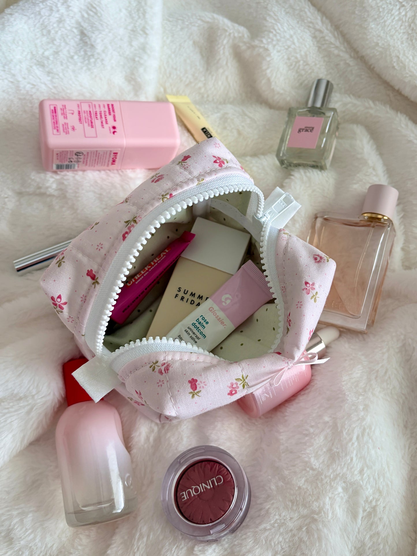 Strawberry Matcha Mini Makeup Bag with Light Pink Bow *limited-edition*