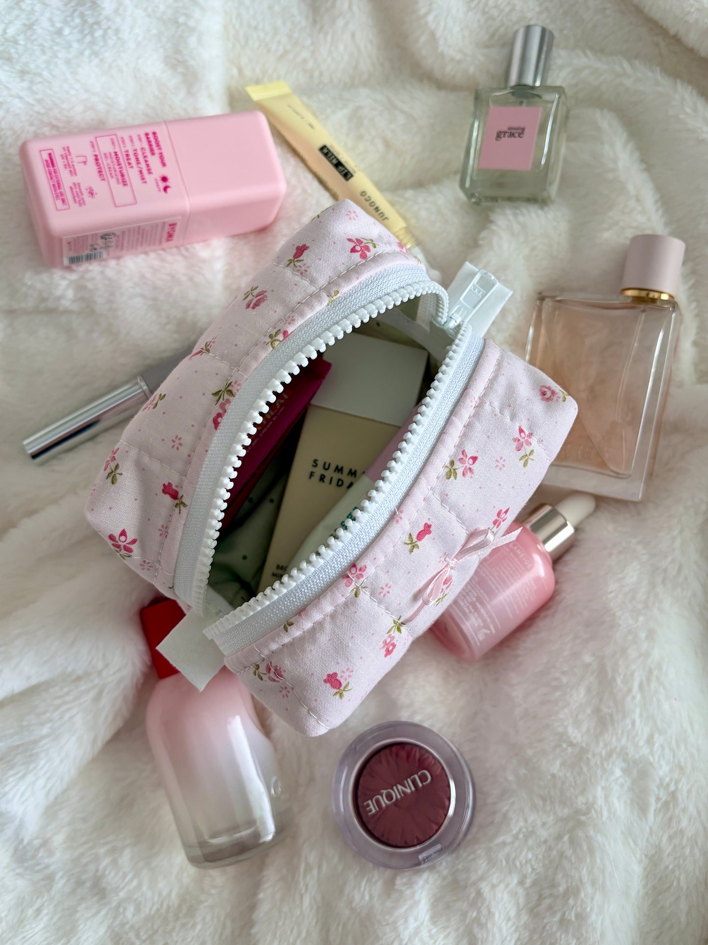 Strawberry Matcha Mini Makeup Bag with Light Pink Bow *limited-edition*