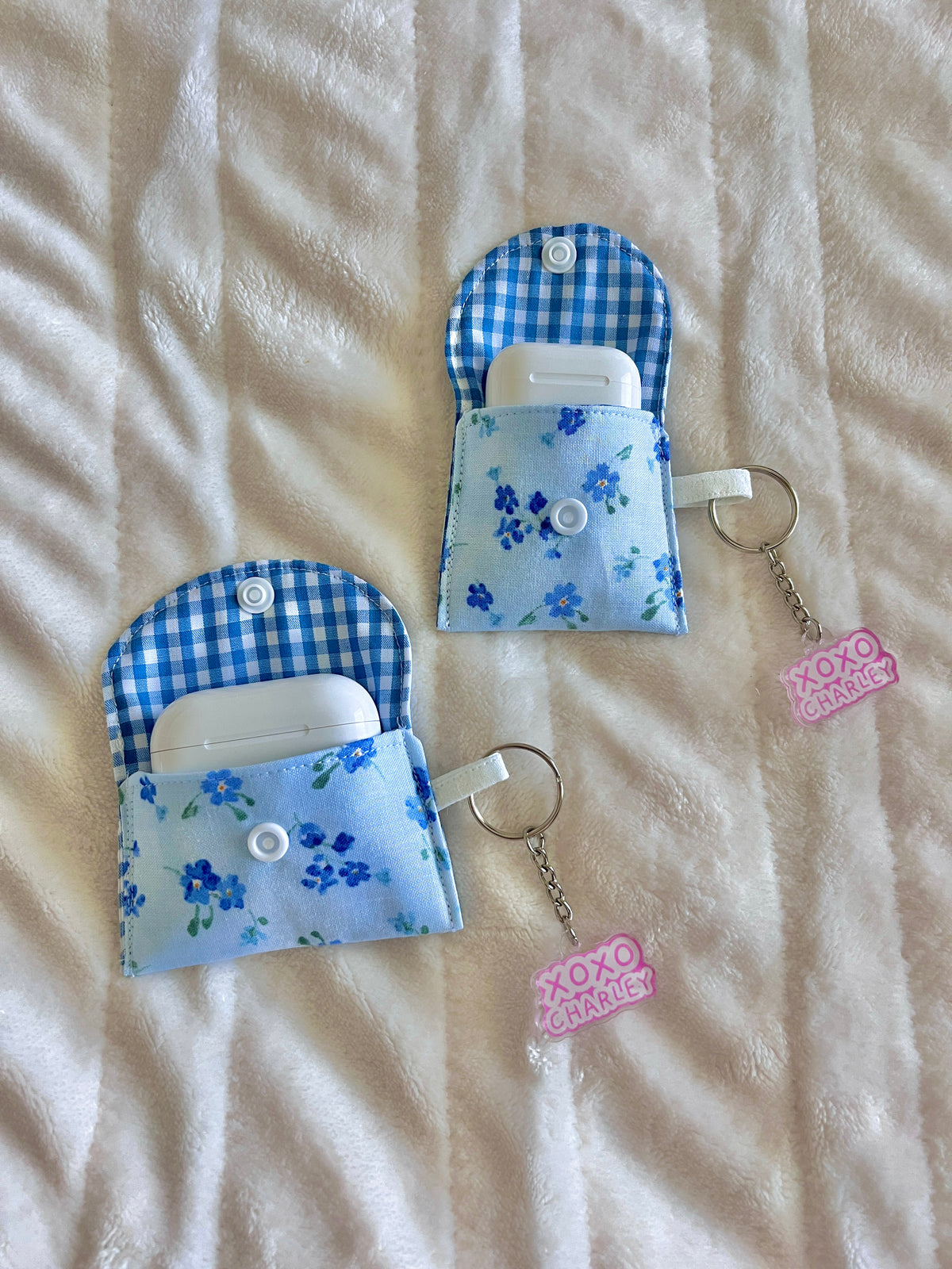 Evelyn earbuds cases, blue gingham top with floral pouch, front snap and keychains
