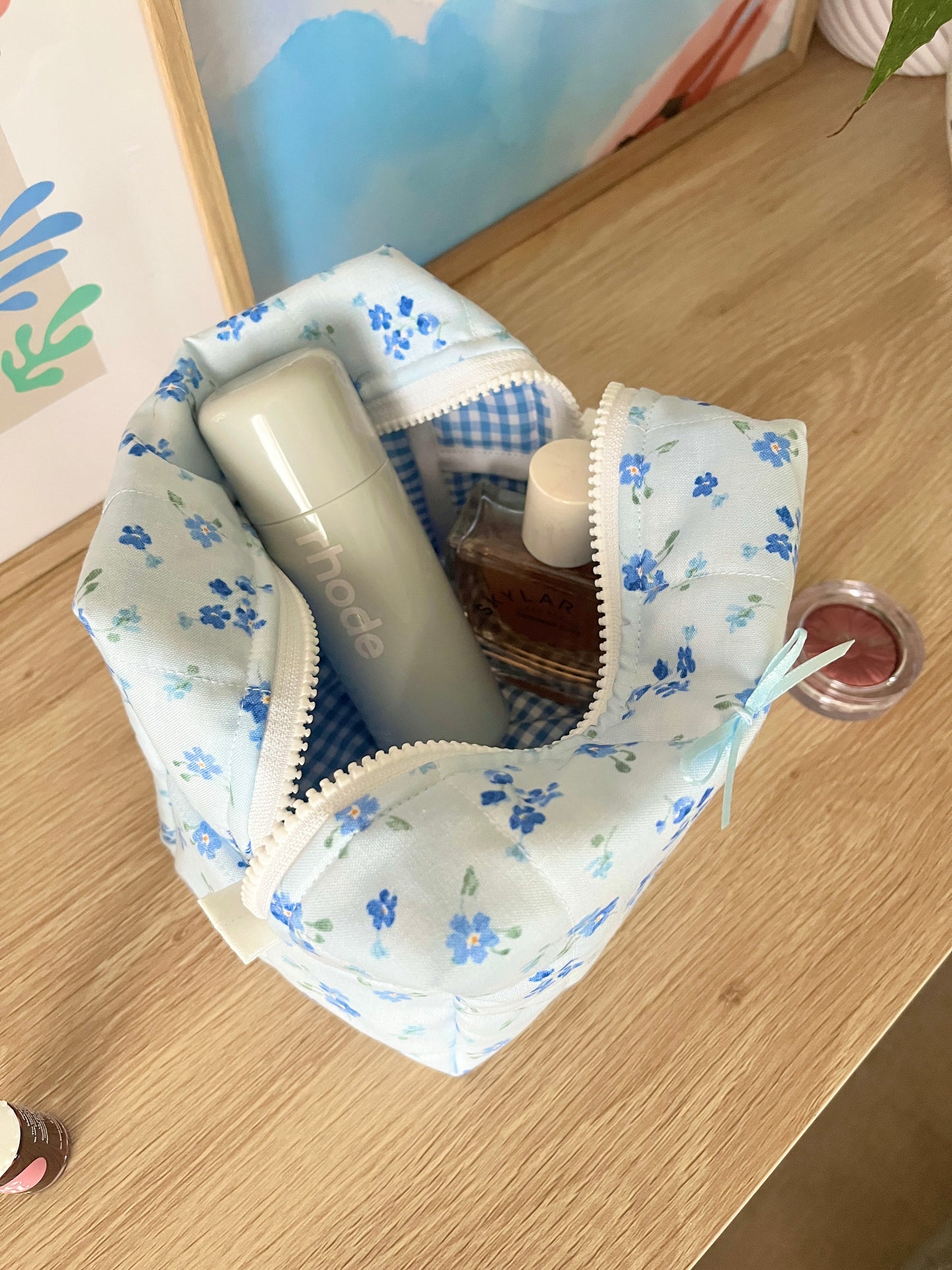 The Evelyn Makeup Bag with blue bow
