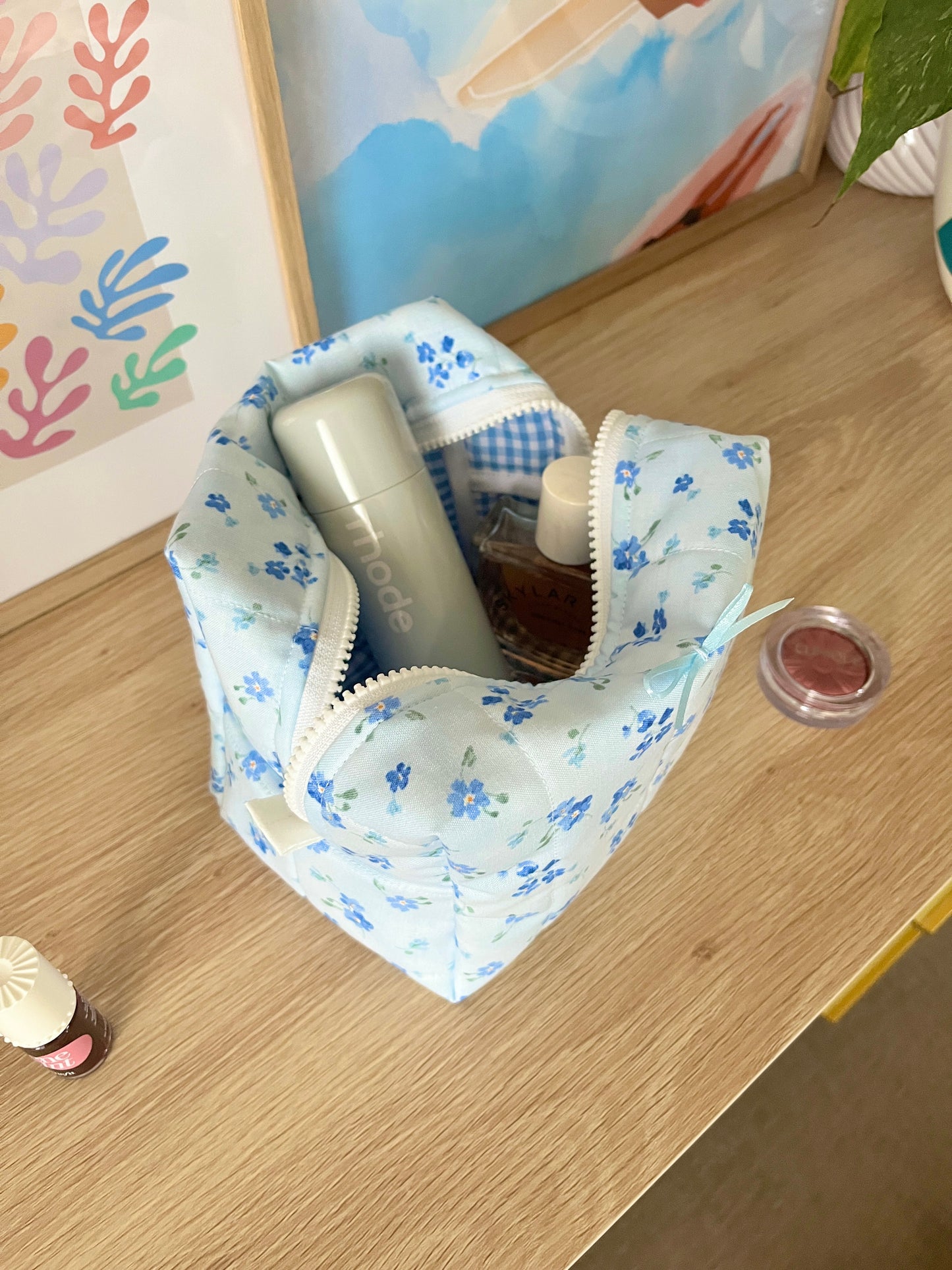 The Evelyn Makeup Bag with blue bow