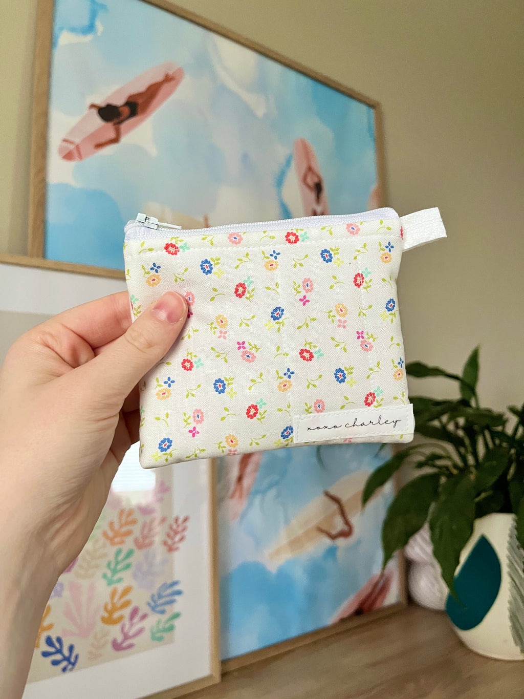 Floral zip keychain wallet pouch with small zipper pull