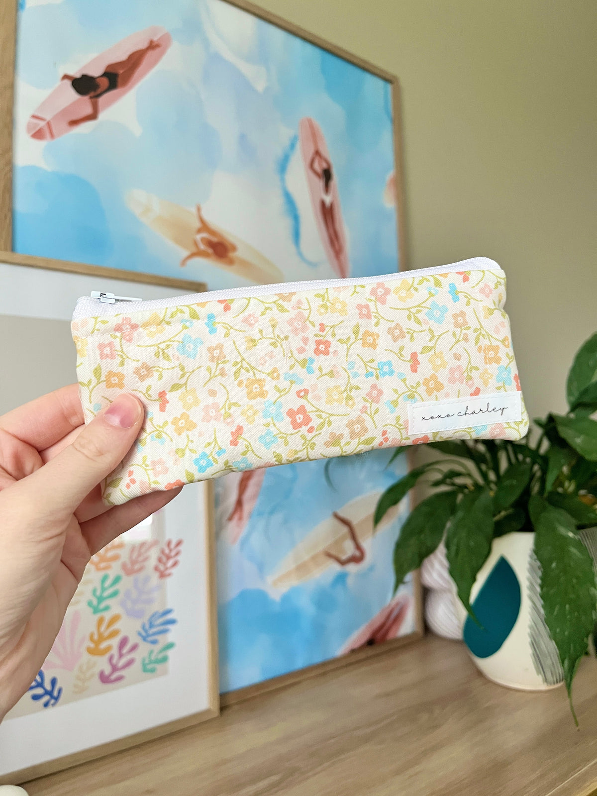 Pencil and glasses case, pastel floral print zipper pouch with front label