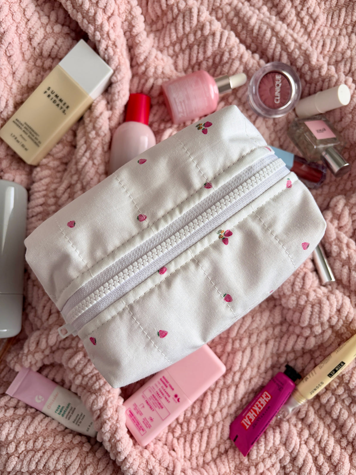 Medium cream makeup bag with embroidered strawberry pattern and double zippers