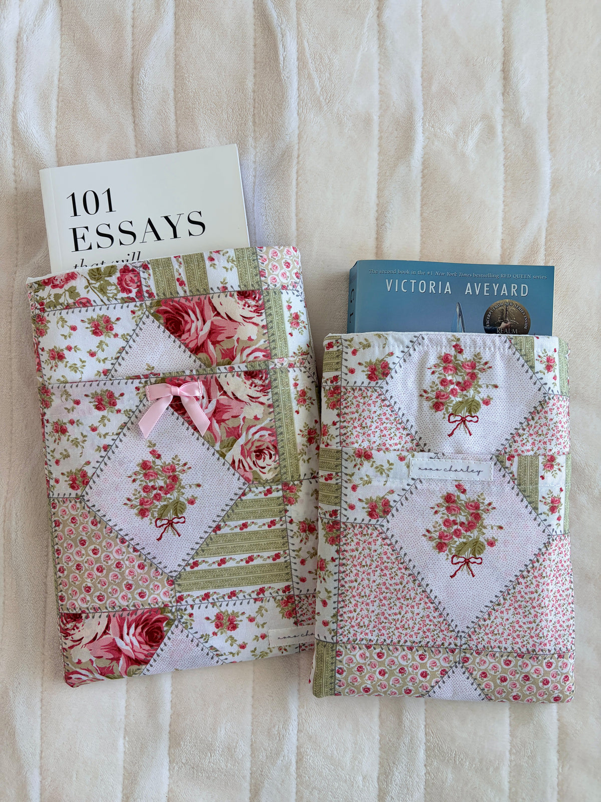 Floral patchwork book sleeves with rosette bow front panels