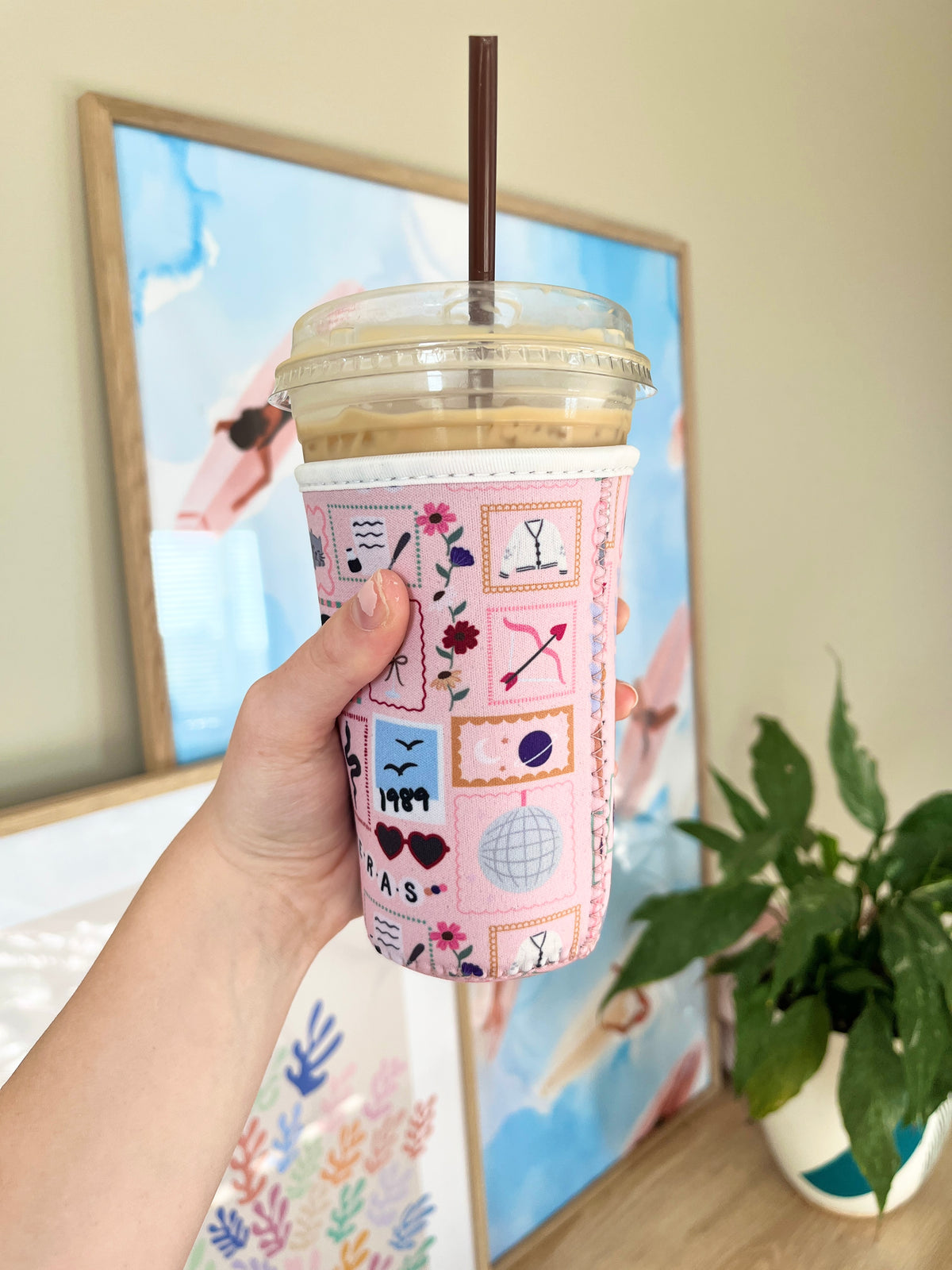 Medium patchwork cup sleeve, colorful panel pattern with top opening for straw