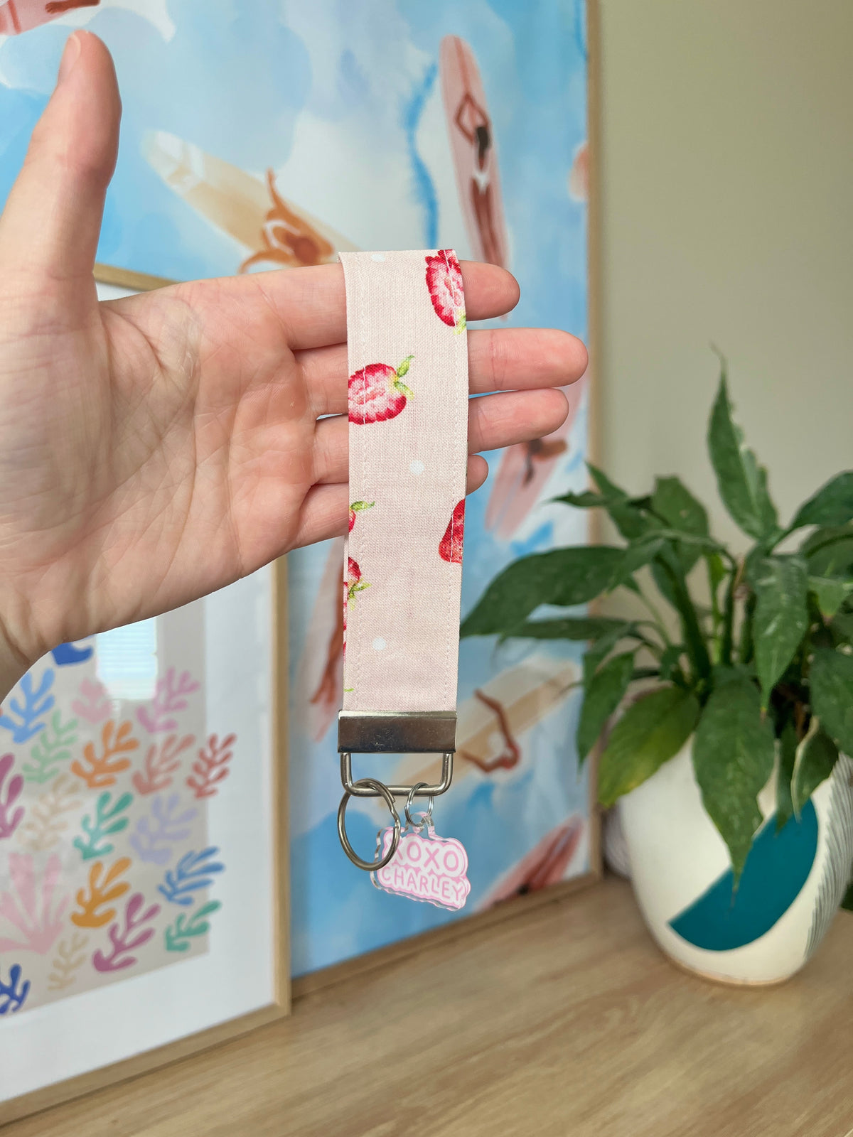 Strawberry print fabric wristlet keychain with lobster clasp and metal ring