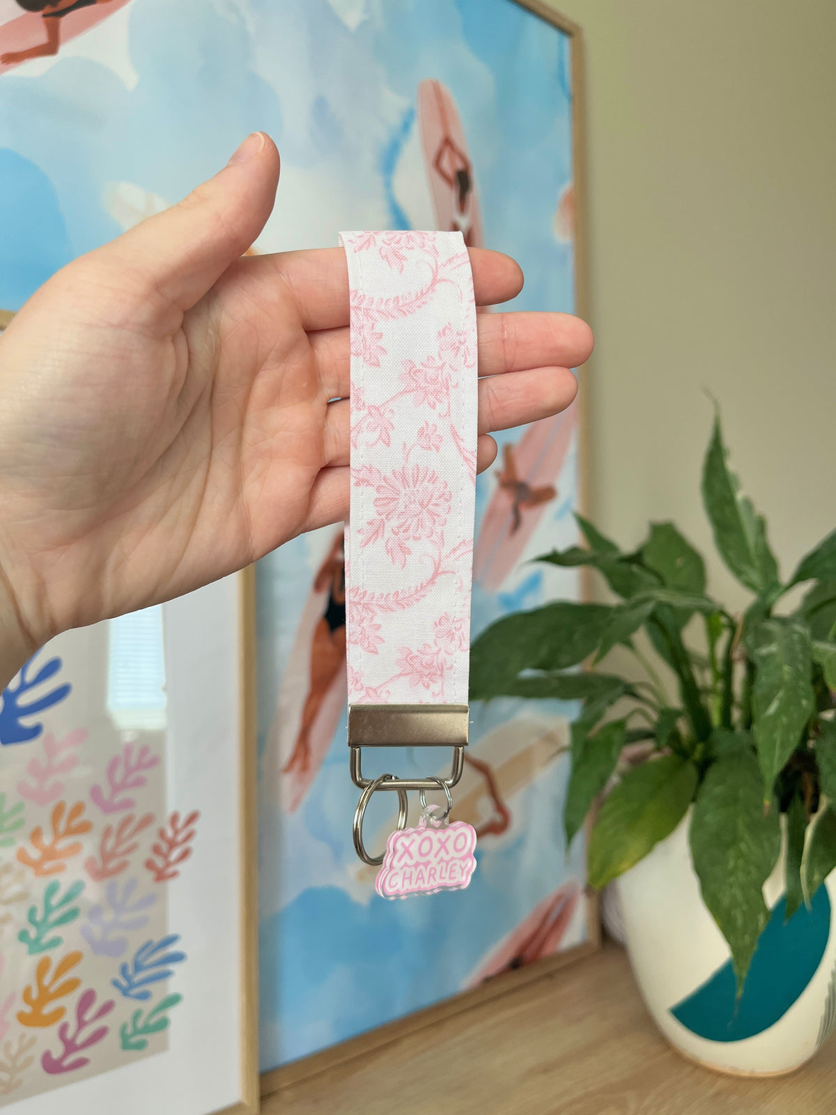 Pink floral keychain wristlet with metal lobster clip and clasp