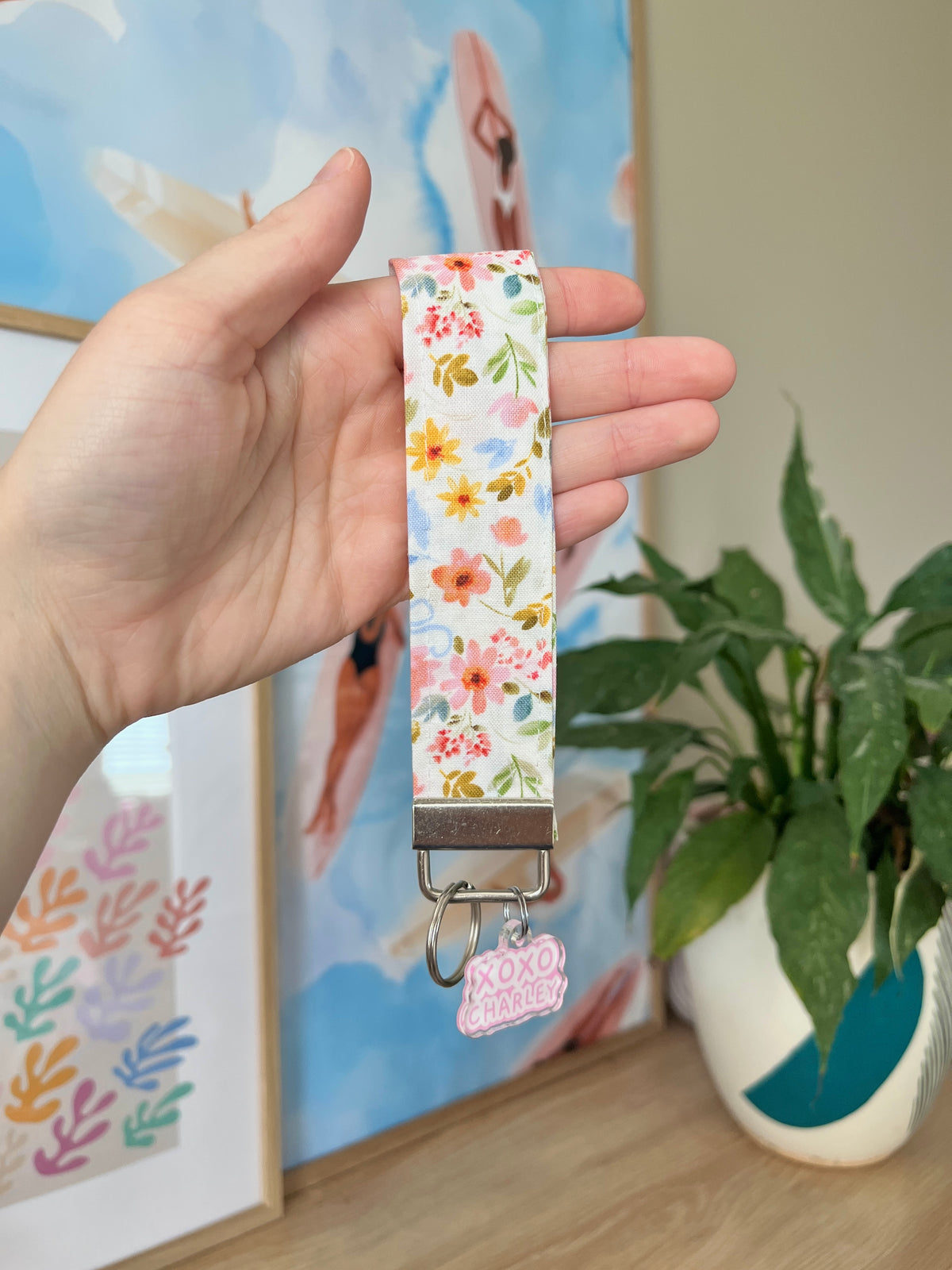 Floral wristlet keychain with lobster clasp and key ring, colorful flower print