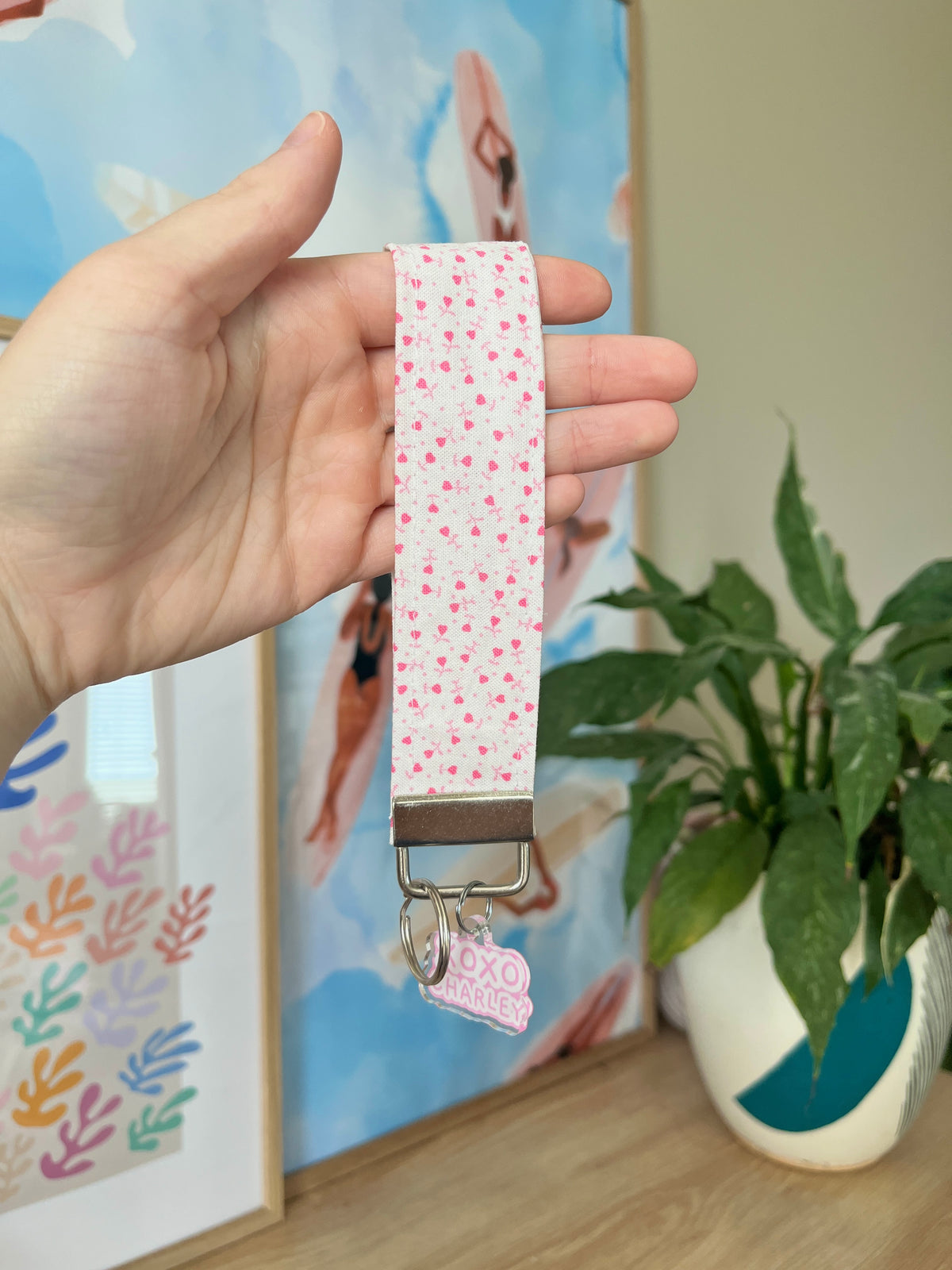 Pink heart keychain wristlet with lobster clip