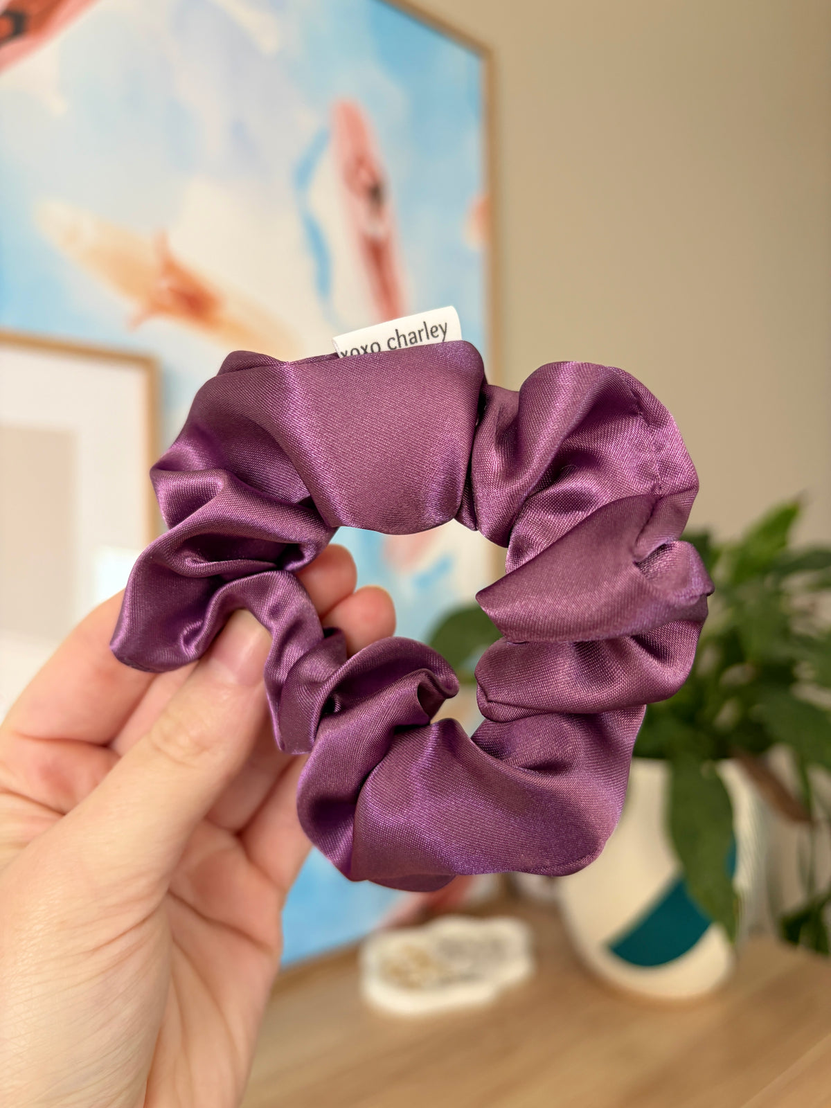 Purple satin scrunchie, full circular ruffle shape