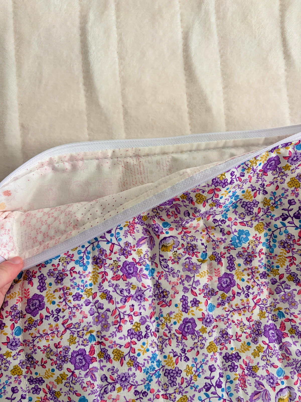 Laptop & tablet sleeve with open top, purple ditsy floral print and pale lining