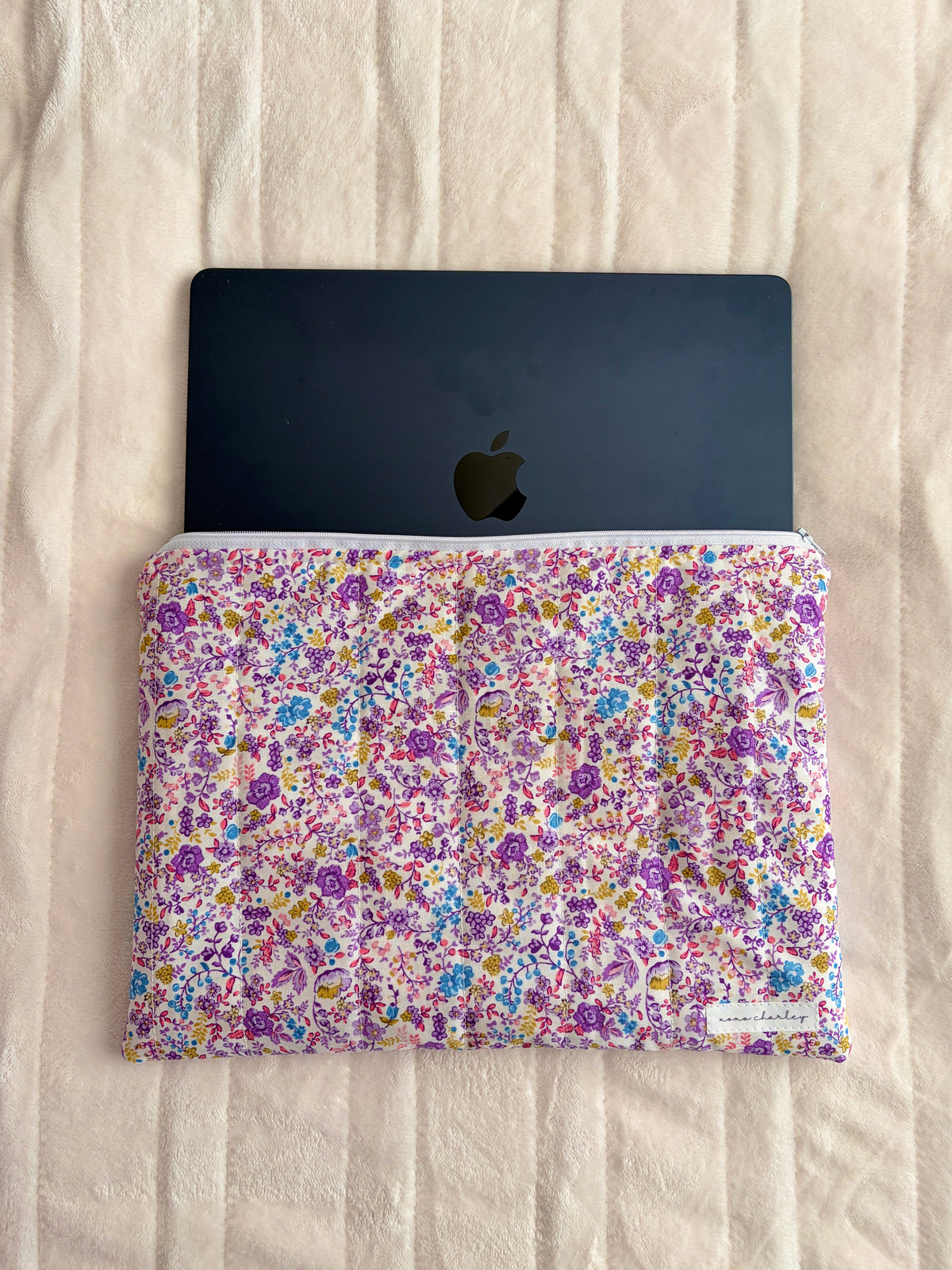 Floral laptop & tablet sleeve with laptop inside, purple-pink ditsy print and zipper