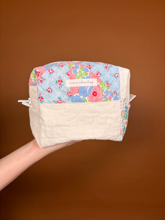 Upcycled Blue Gingham Medium Makeup Bag #1 *limited-edition*