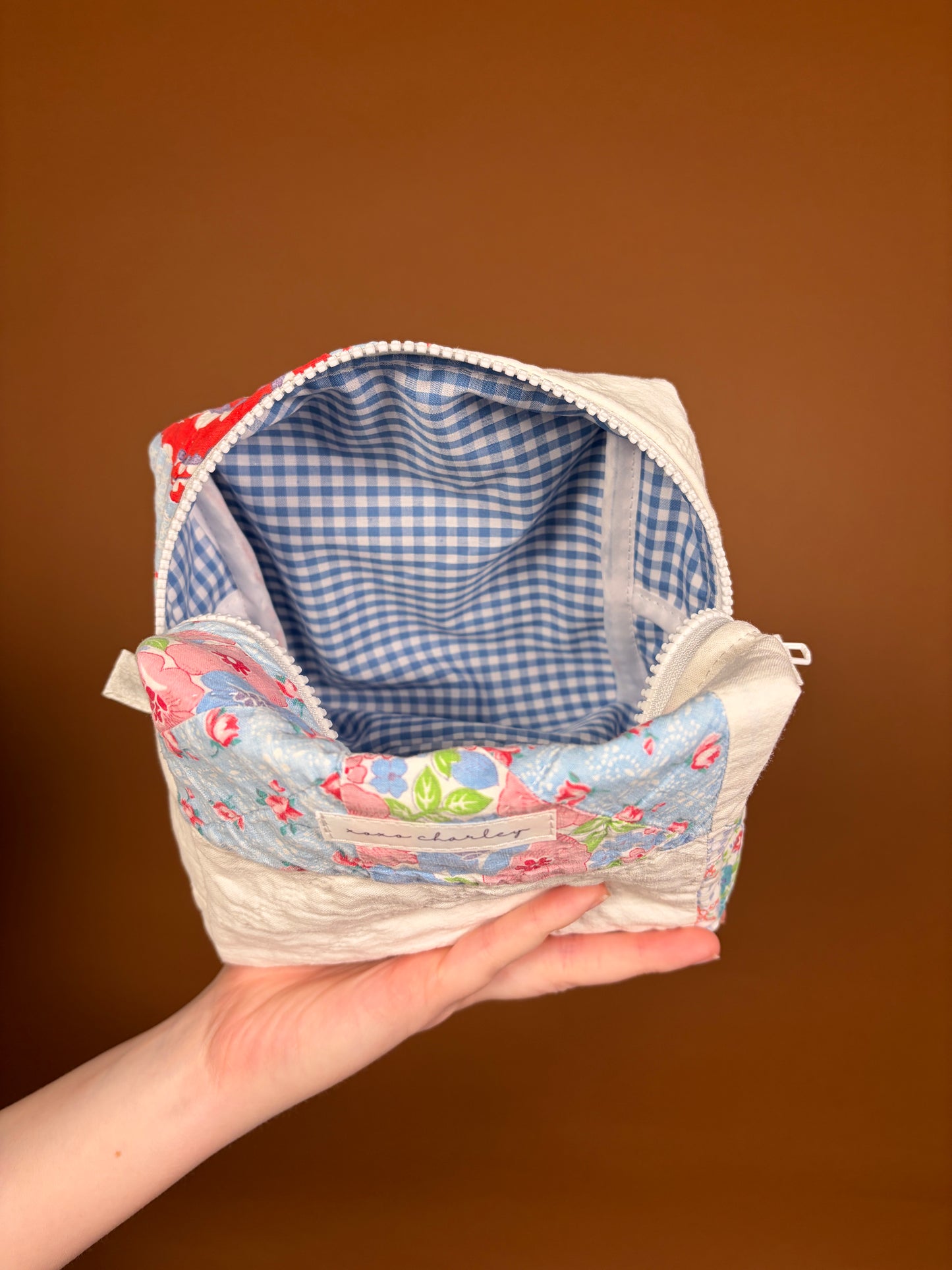 Upcycled Blue Gingham Medium Makeup Bag #1 *limited-edition*