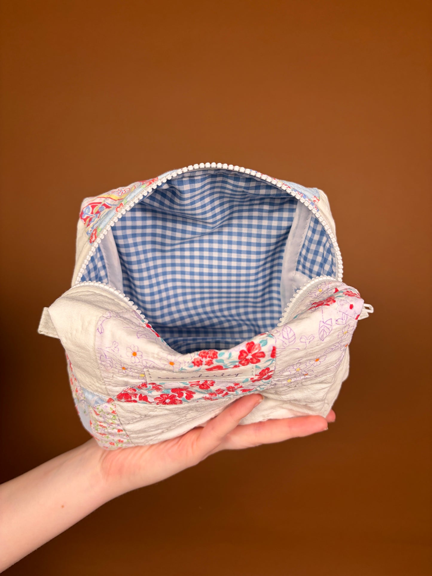 Upcycled Blue Gingham Medium Makeup Bag #2 *limited-edition*