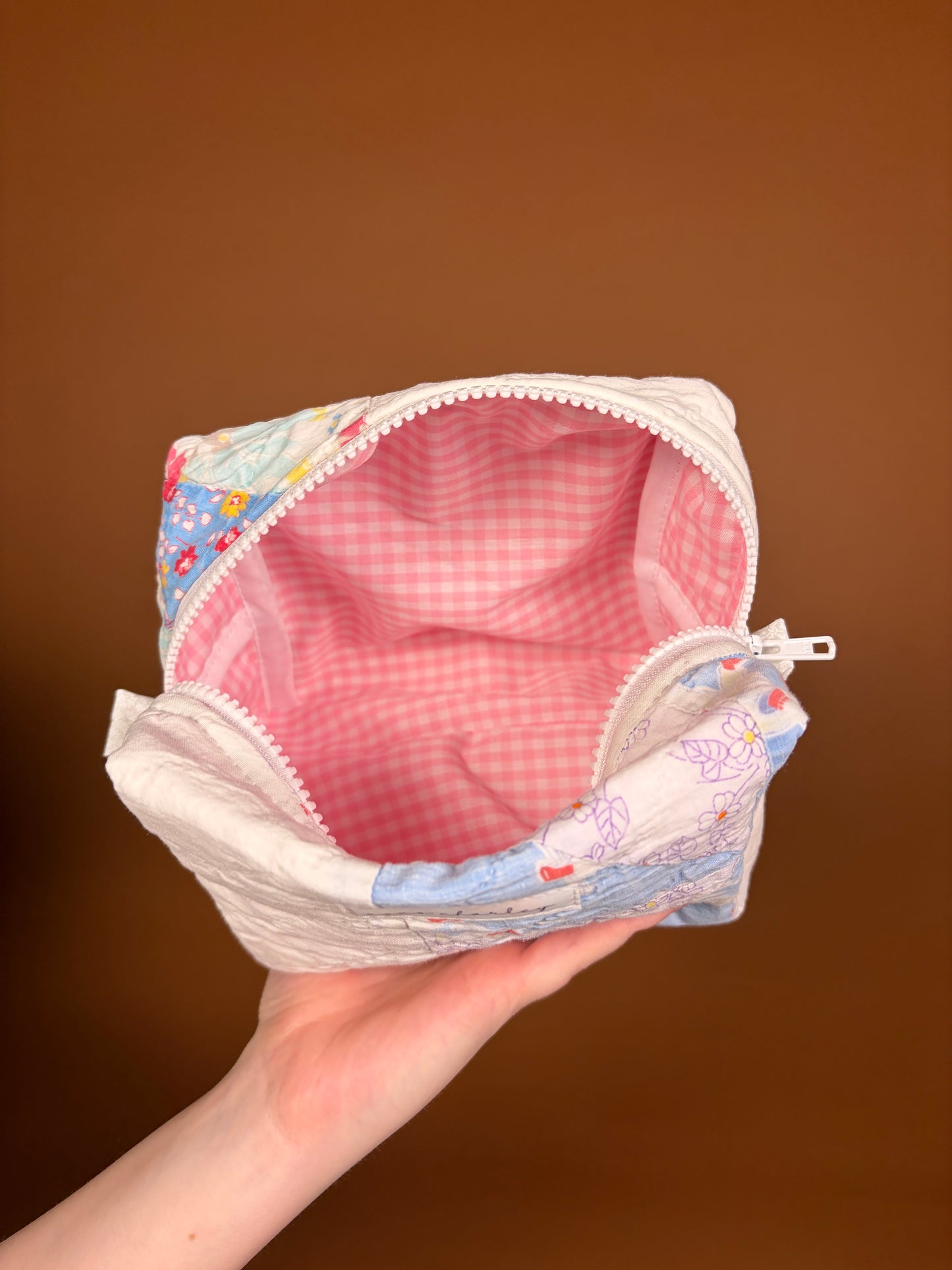 Upcycled Pink Gingham Medium Makeup Bag #1 *limited-edition*