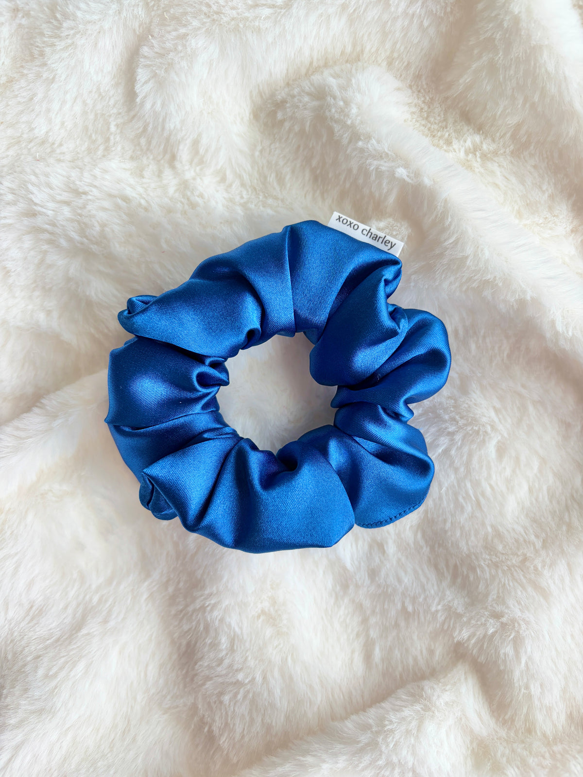 Royal blue satin scrunchie with ruched elastic band