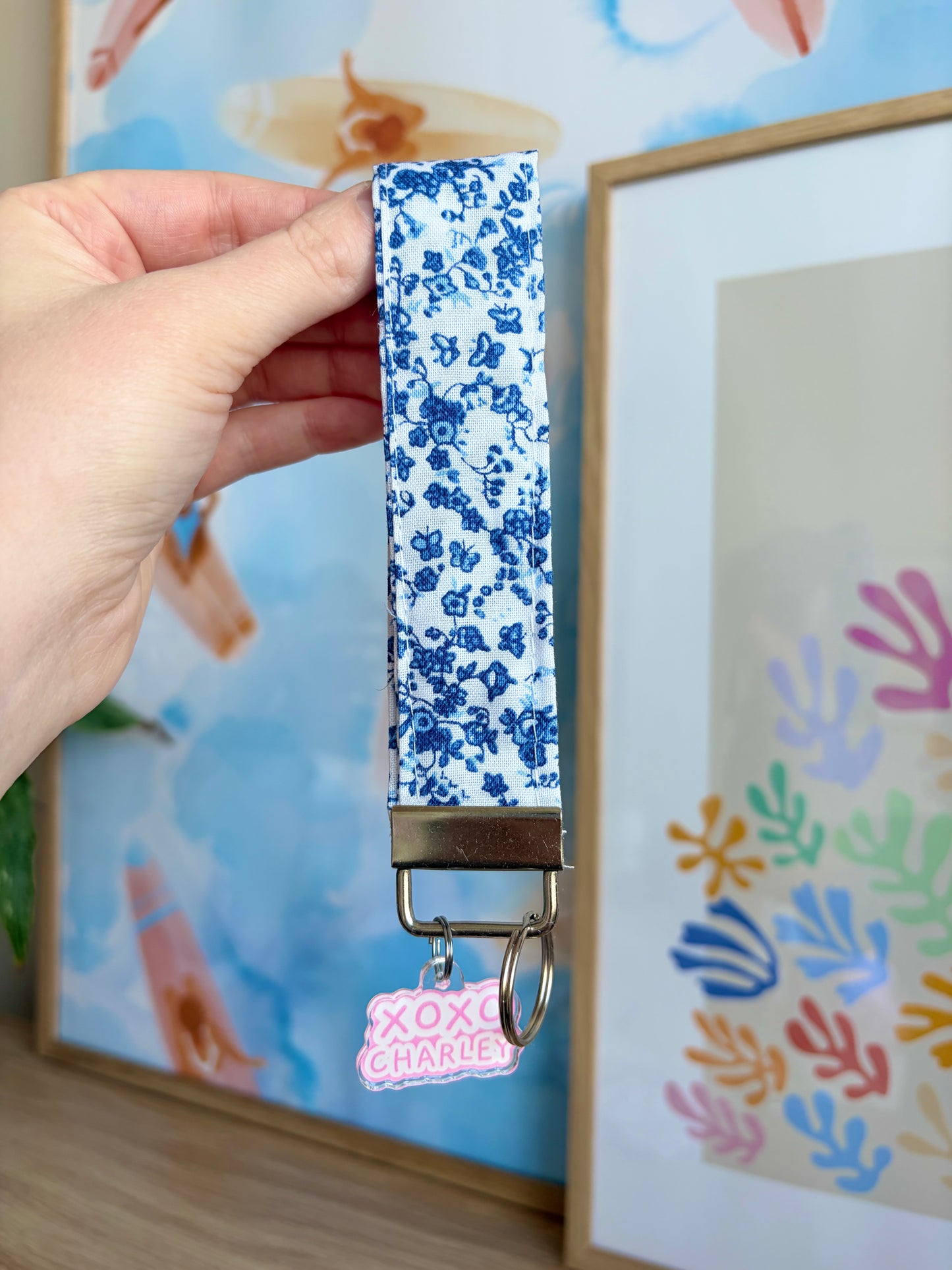 Royal Blue Floral Keychain Wristlet