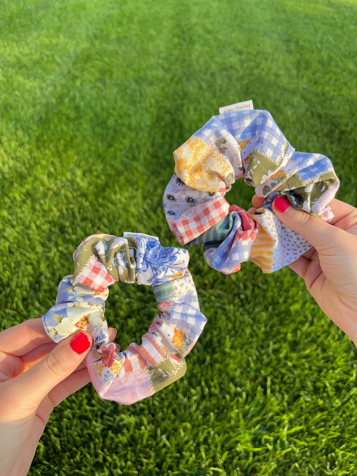 Colorful picnic cotton scrunchie, blue gingham and mixed print bow