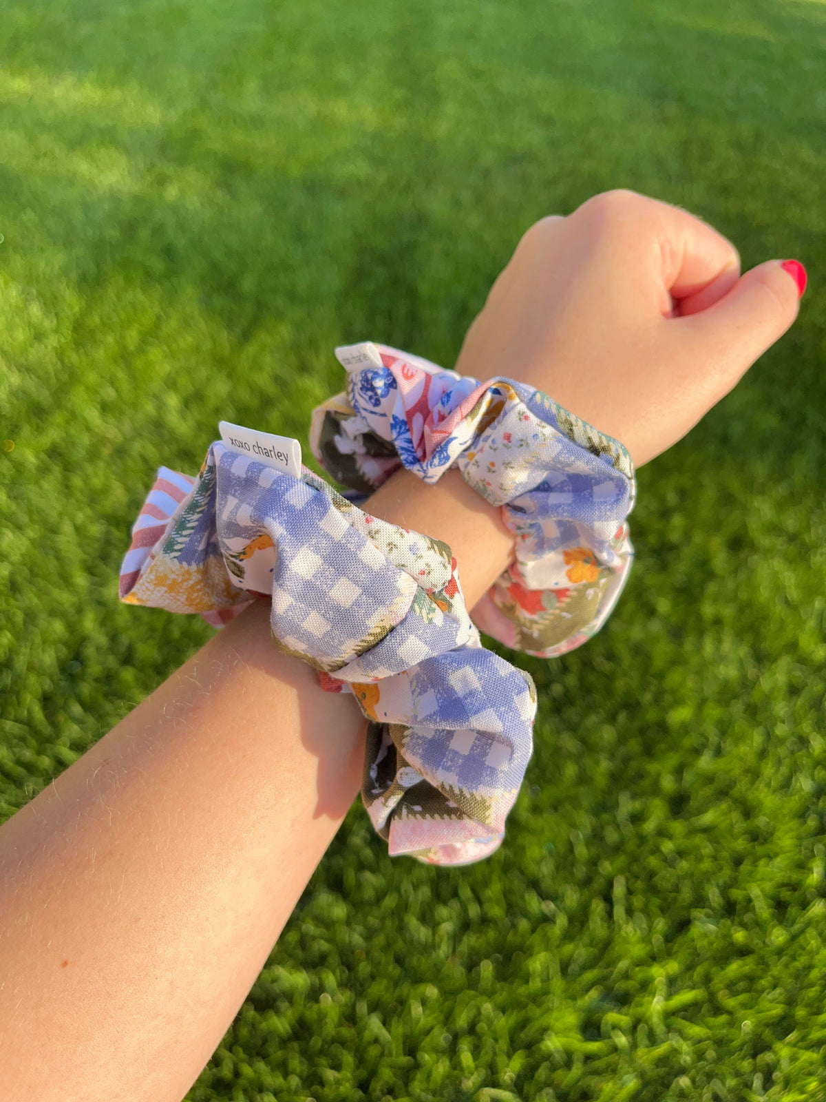 Colorful picnic cotton scrunchie, pastel check and small animal print