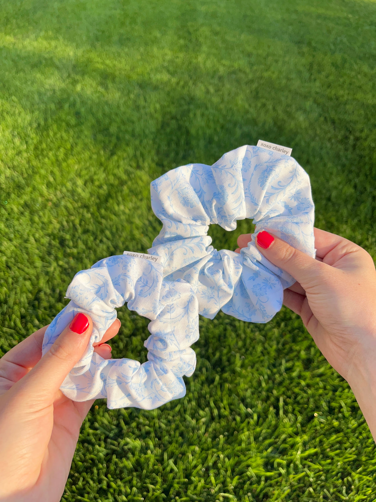 Blue cotton scrunchie with gathered ruffles