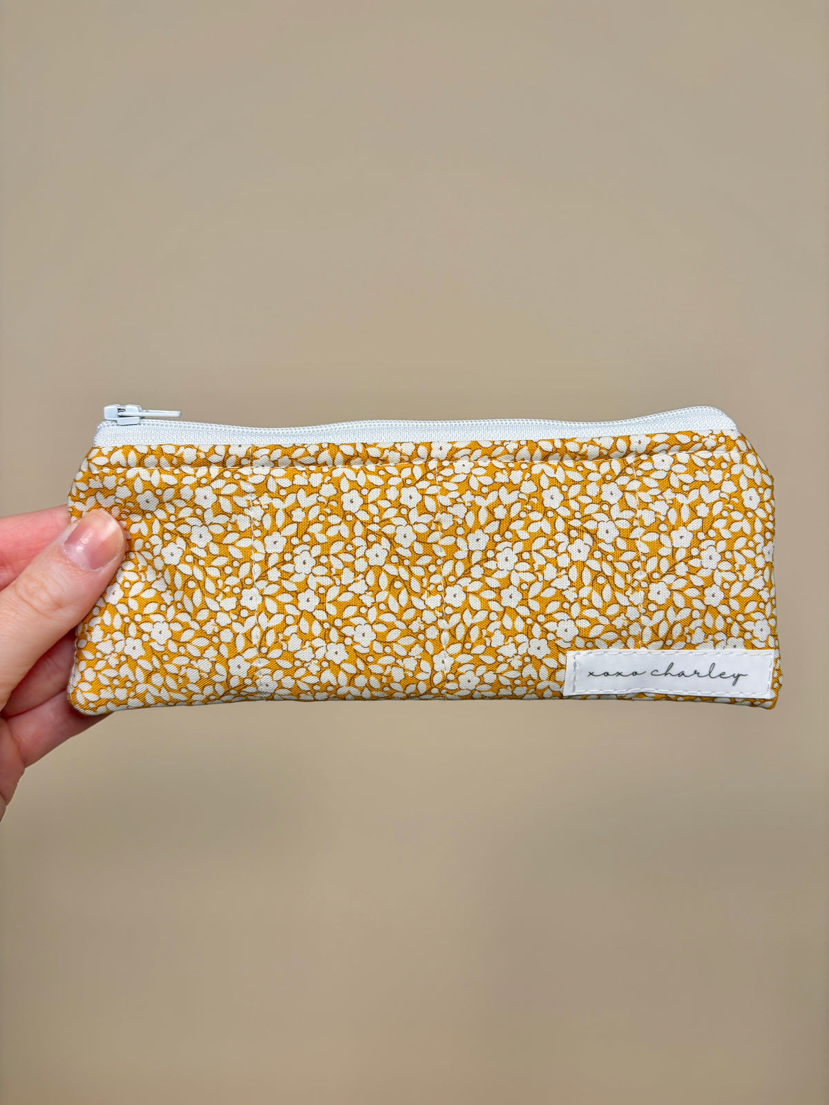 Zippered pencil & glasses case, white with orange leaf pattern fabric pouch