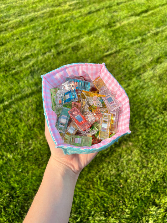 The Blue Floral with Pink Gingham Square Fabric Bowl Organizer *limited-edition*