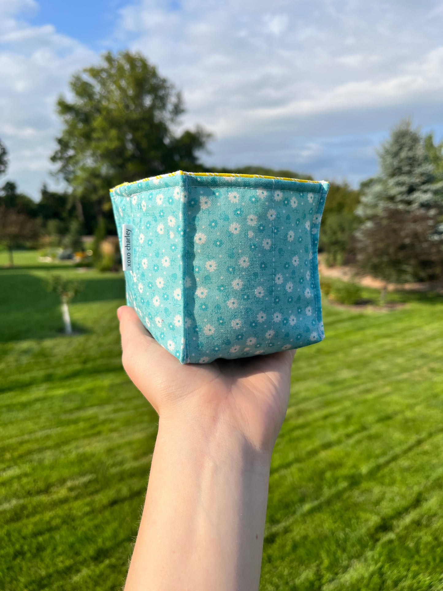 The Blue Floral with Yellow Gingham Square Fabric Bowl Organizer *limited-edition*.