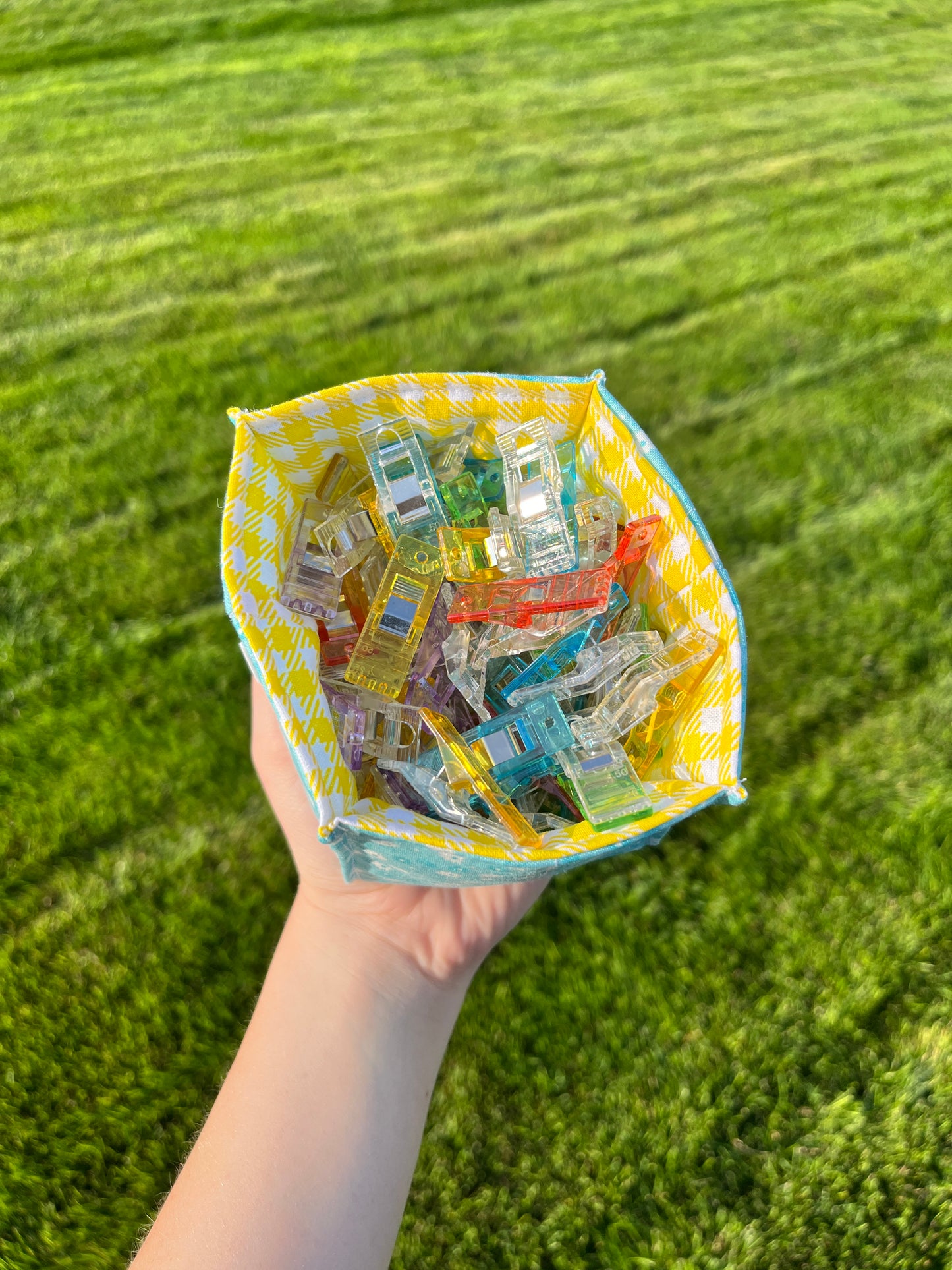 The Blue Floral with Yellow Gingham Square Fabric Bowl Organizer *limited-edition*.