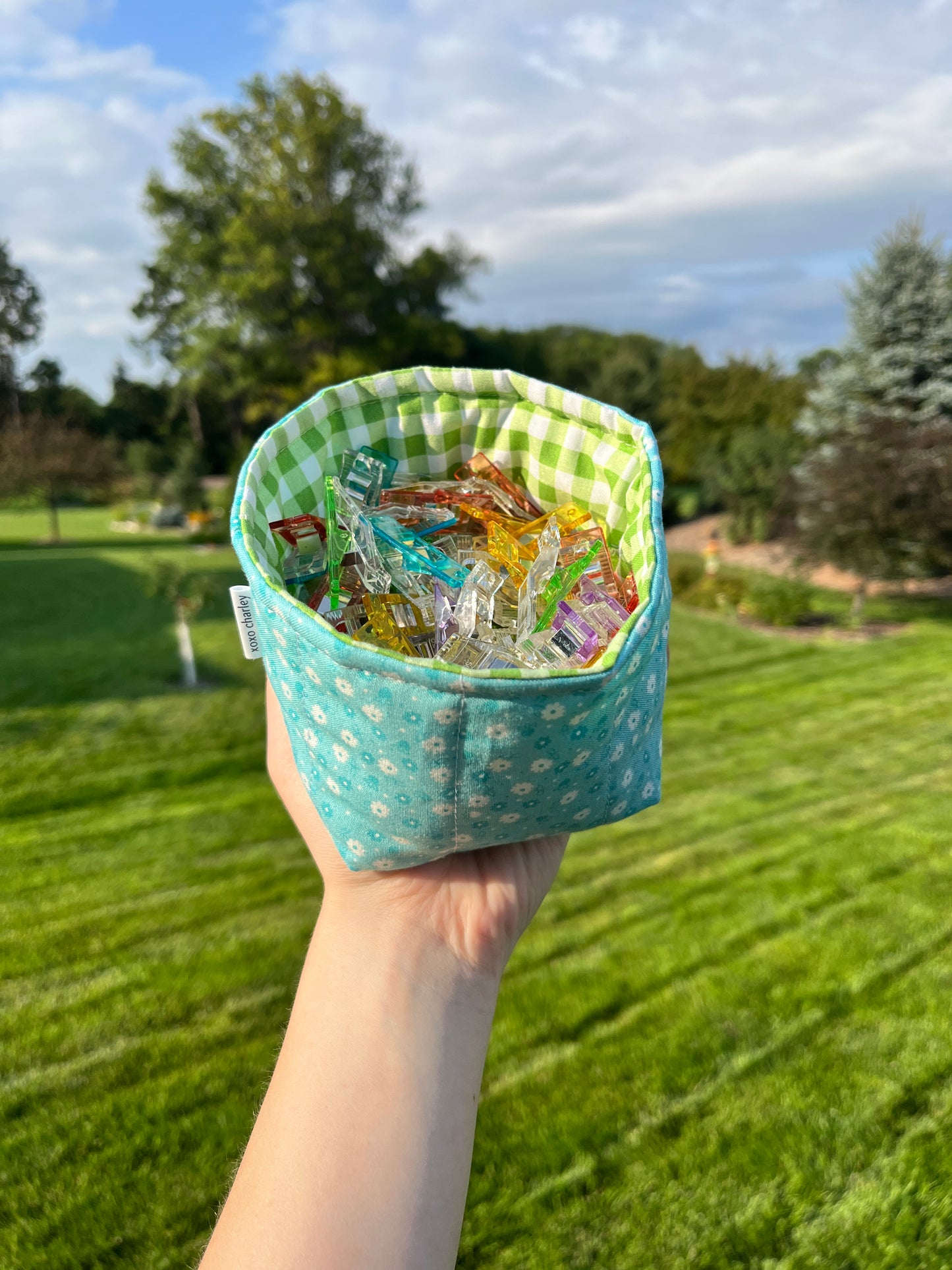 The Blue Floral with Green Gingham Fabric Bowl Organizer *limited-edition*.