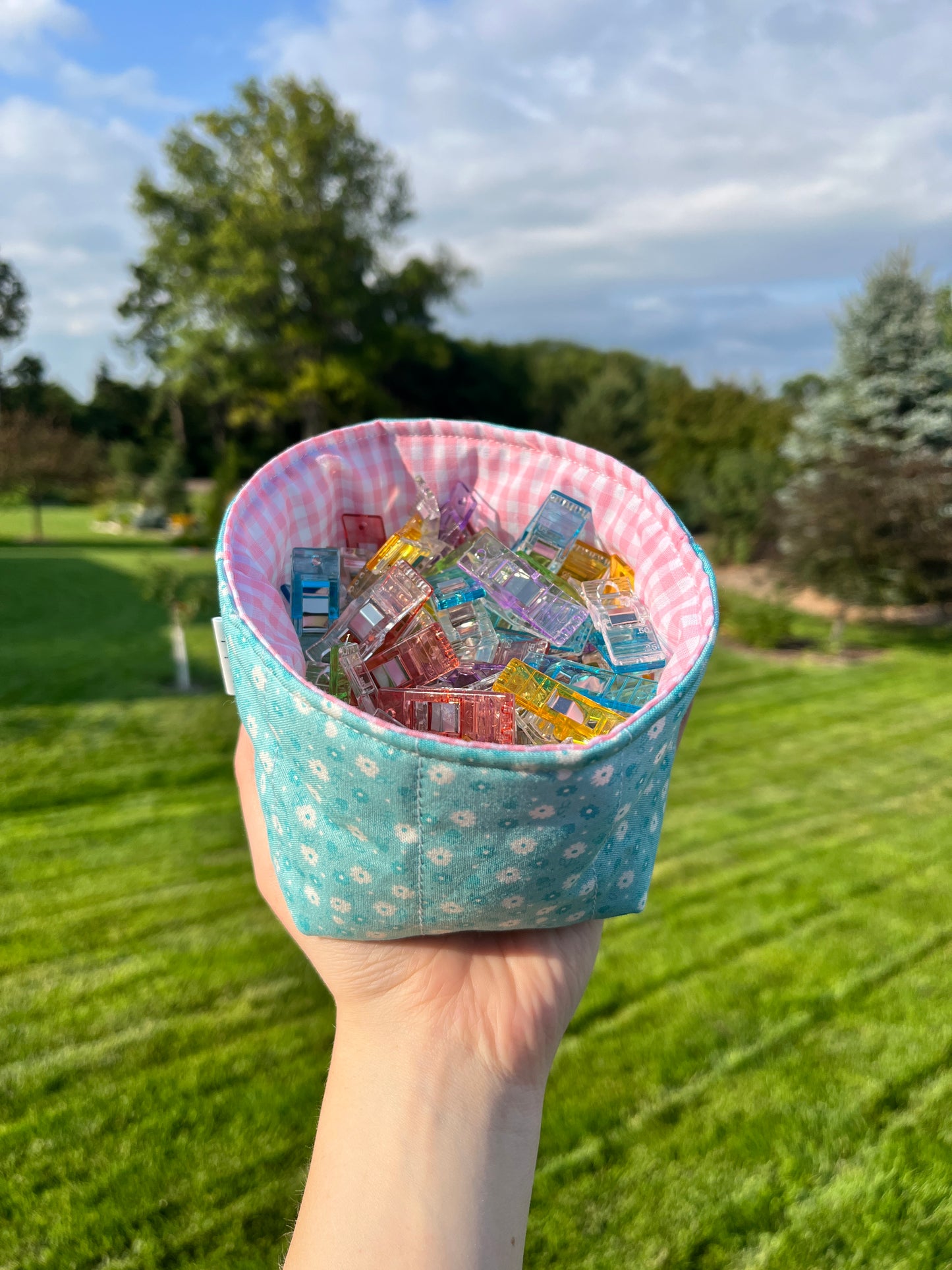 The Blue Floral with Pink Gingham Fabric Bowl Organizer *limited-edition*.