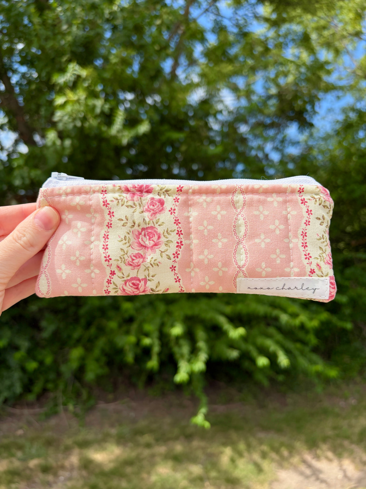 Pink floral pencil and glasses case with zipper, patchwork fabric and decorative label