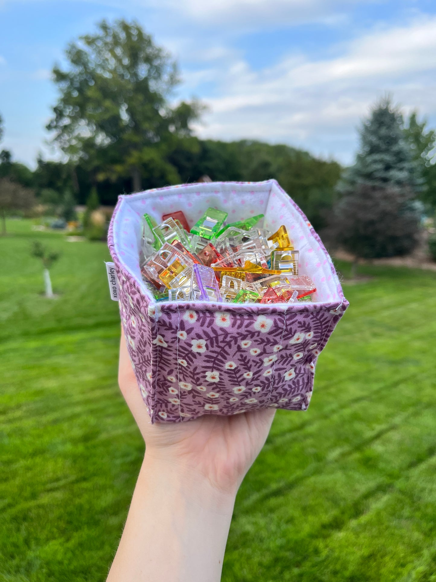 The Purple Floral with Light Pink Dots Square Fabric Bowl Organizer *limited-edition*