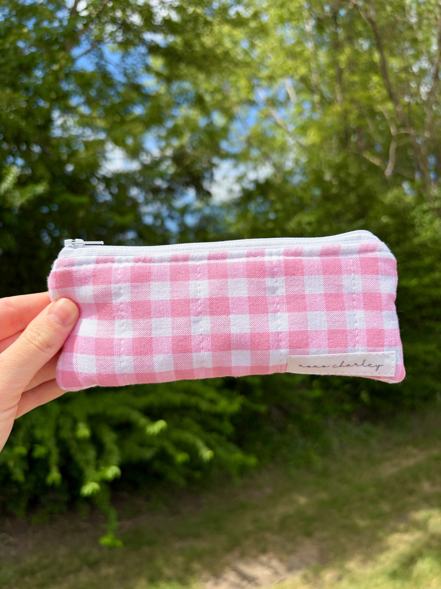 Pink Gingham Pencil & Glasses Case - Mini Colorful Flowers