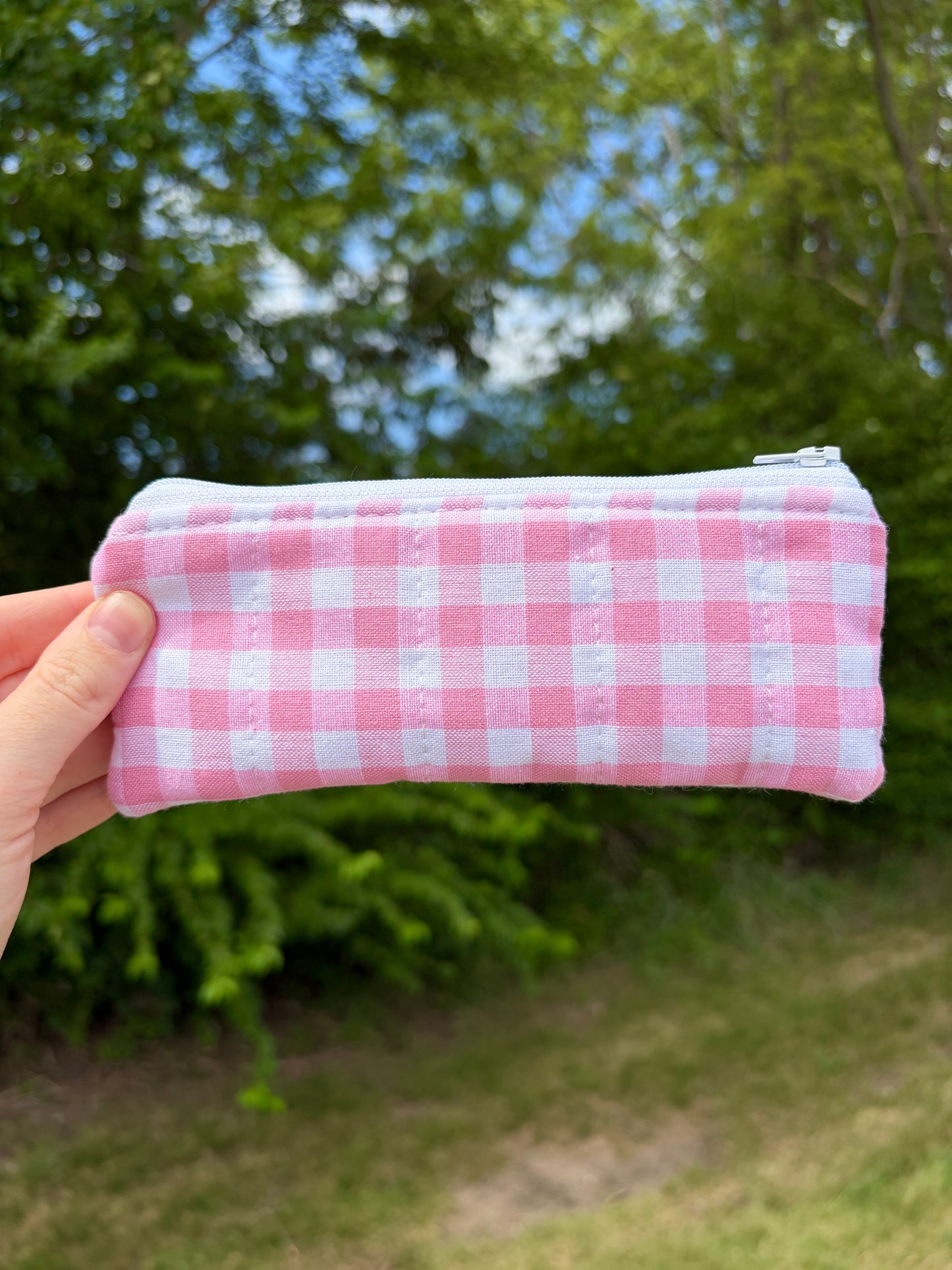 Pink Gingham Pencil & Glasses Case - Mini Colorful Flowers