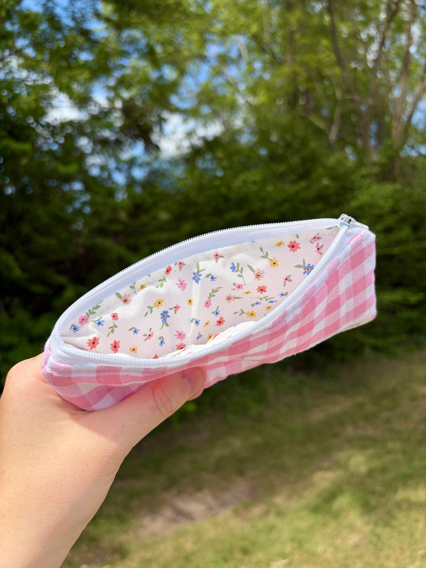 Pink Gingham Pencil & Glasses Case - Mini Colorful Flowers