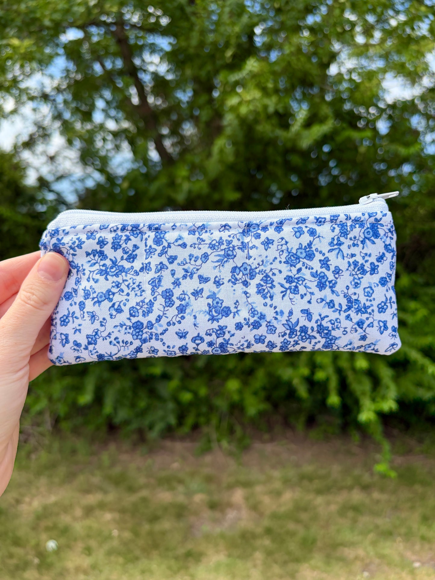 Royal Blue Floral Pencil & Glasses Case - Green Gingham