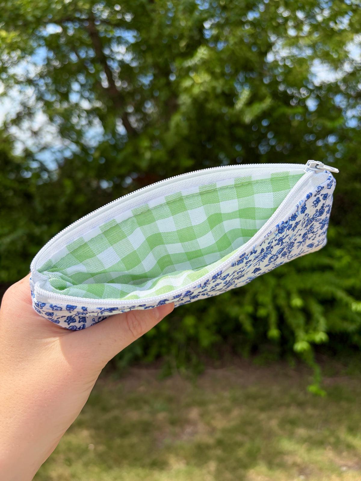 Royal Blue Floral Pencil & Glasses Case - Green Gingham